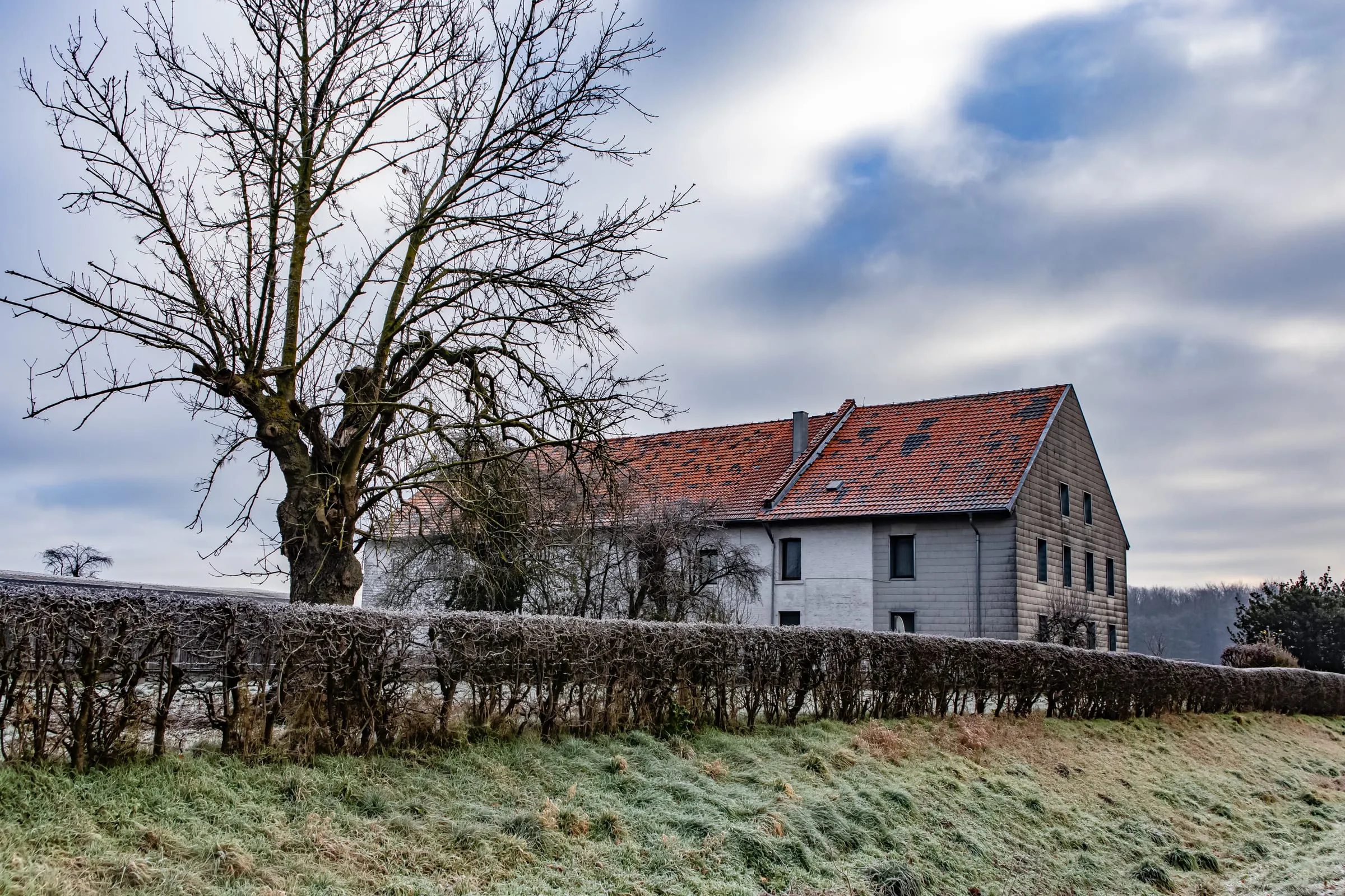 Casa de piedra junto a un seto con escarcha en invierno